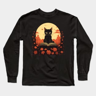 Japanese Floral Black Cat And Book Catshirt Long Sleeve T-Shirt